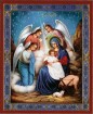 Memento of the Blessed Mother holding Baby Jesus on her lap (sans Joseph) as three angels hover in adoration. Mountains in the background, blue sky with lots of stars; a small lamb resting at the foot of the crib