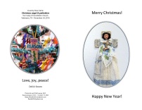Left center: Tondo of various colorful Christmas items in the background with a prominent cross ornament in the center with “Jesus is the reason for the season” painted colorfully painted on its front. Right center: Long oval of a Christmas angel wearing a finely-crocheted gown with a delicate handkerchief with dainty floral designs. The angel’s eyes are closed, its small arms around a gold-hued cross. The angel is attached at the head and shoulders to a larger pastel-shaded cross with etched roses.